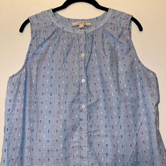LOFT Women’s Button Up Light Blue with Colorful Embroidered Dots Size Large - Picture 3 of 8